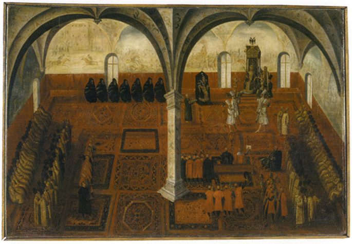 № 10. Картина приема польских послов Лжедмитрием I 13 мая 1606 г. в Грановитой палате Московского Кремля