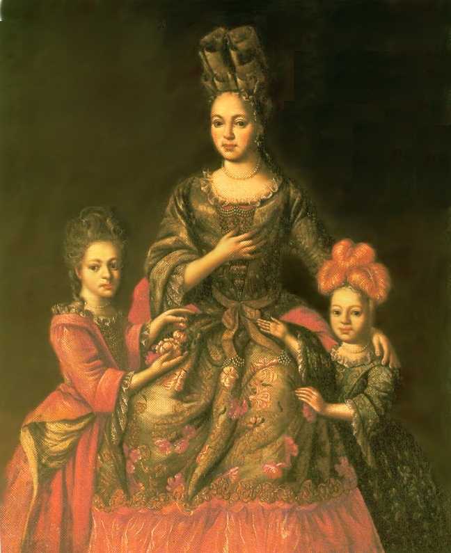 Дама в распашном платье-робе (Портрет А. Я. Нарышкиной с детьми. Неизвестный художник.
