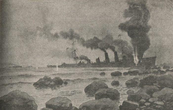 Расстрелянный русскими судами германский крейсер Магдебург