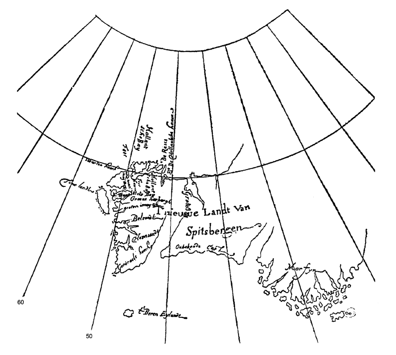 Рис. 15. Й. Каролус. Карта Шпицбергена (1614) (Conway M., 1901)