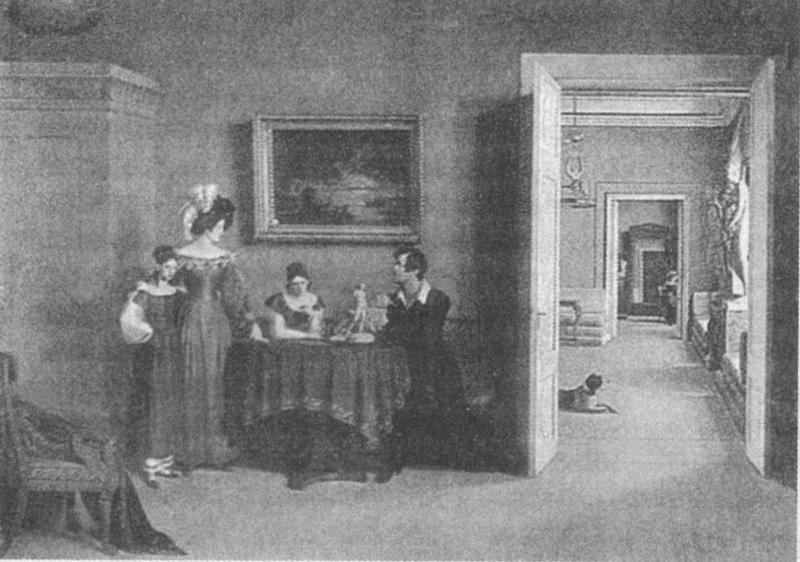 Анфилада парадных комнат в квартире Ф.П. Толстого заканчивается зеркалом. Картина Ф.П. Толстого «Семейный портрет», 1830, ГРМ