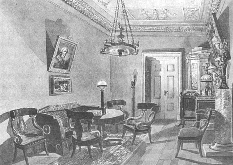 Фигурный лепной карниз и роспись потолка в гостиной. Акварель Кольмана 1833 г.