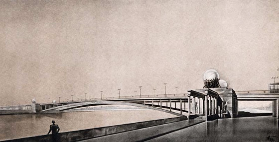 Проект моста метро через Москва-реку (один из вариантов). Авторы: худ.-арх. Е. Боров и арх. Ю. и К. Яковлевы