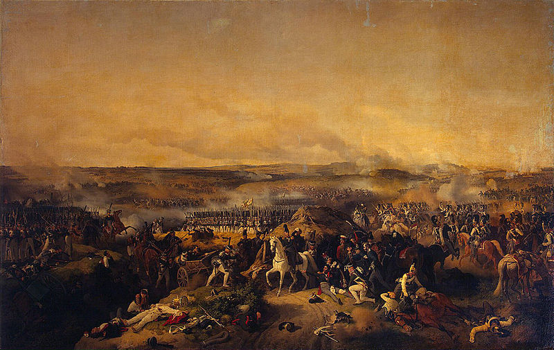 Бородинское сражение. В центре картины раненый генерал Багратион, рядом с ним на коне генерал Коновницын. Вдали виднеется каре лейб-гвардии. Худ. П. Гесс, 1843 г.