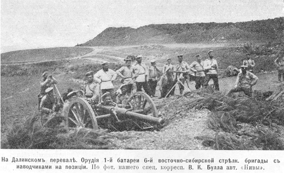 На Далинском перевале. Орудия 1-й батареи 6-й восточно-сибирской стрелковой бригады с наводчиками на позиции