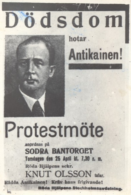 Листовка шведской МОПР с призывом против смертного приговора Т. Антикайнену. 1935. Фото из собрания Национального музея Республики Карелия